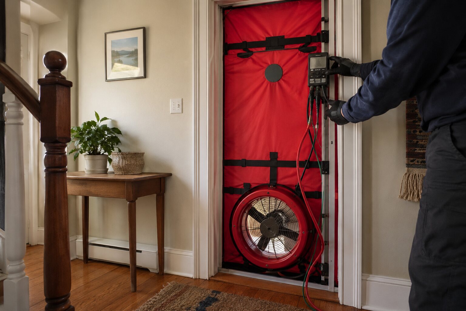 Representative image of blower-door testing during a home energy assessment